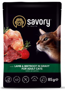 Корм вологий Savory Adult Cat Pouch Lamb and Beetroot in Gravy для дорослих котів з ягням та буряком у соусі 85 г